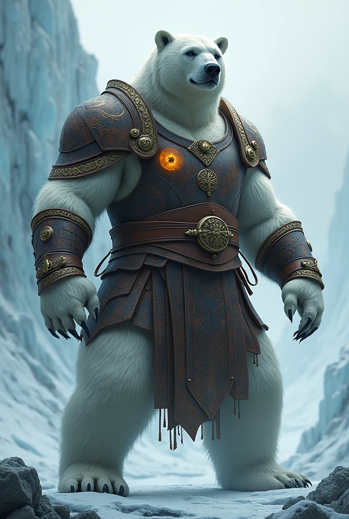 Polar bear wearing leather armor with few metals, has a magic circle marked on his left paw