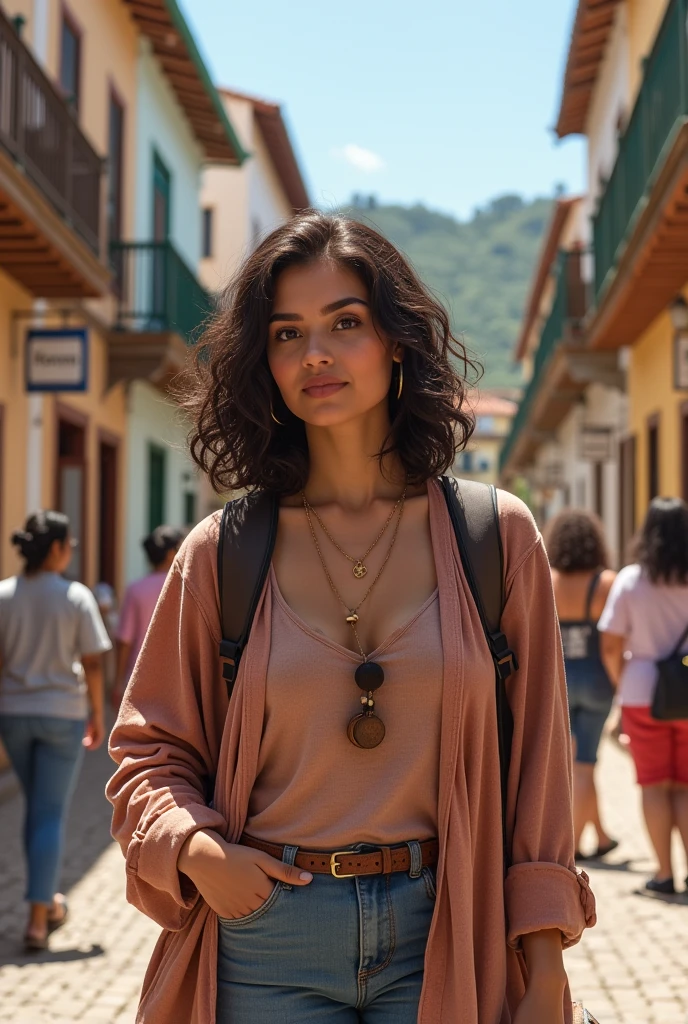 A traveler sightseeing in the city of Cataguases/MG, in the background, the Spinners panel by Portinari in Inácio Peixoto square, Teresa Village, A 40 year old woman, 1,60m, brown color, dark brown hair, curly, medium length long bob cut, overweight body,  breasts big.
