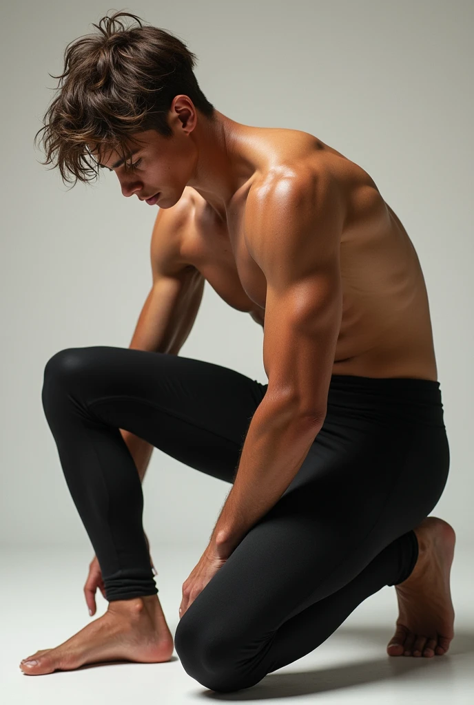 A age boy, with brown hair, with a wet shirt, two large marked pectorals, a long lycra style pants, black stockings, without shoes, in full nelson position.