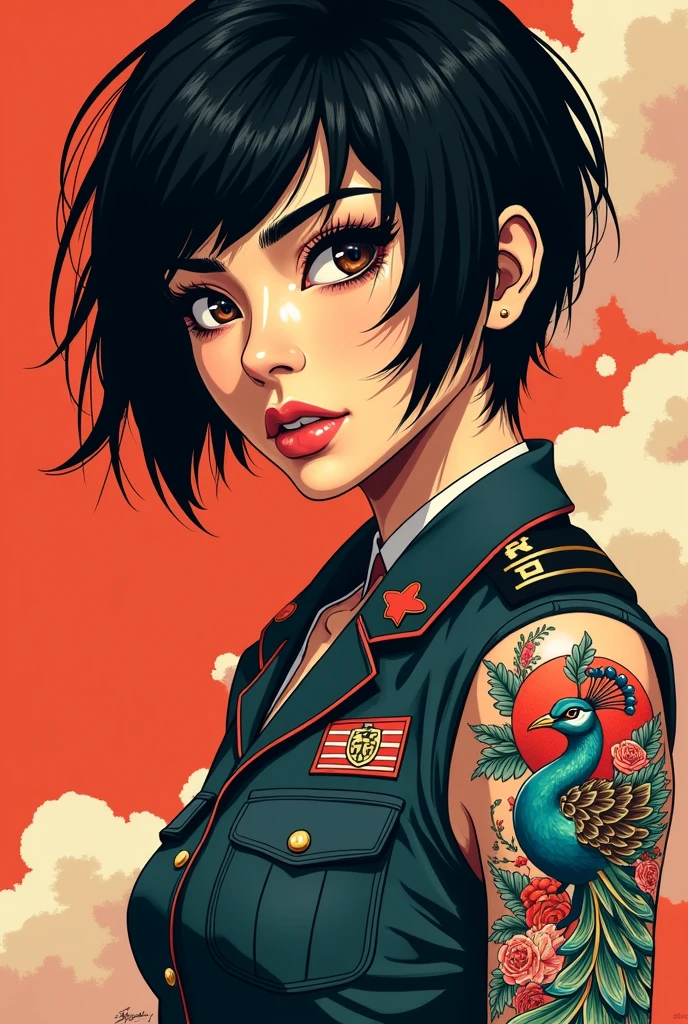 raven hair, short and rebellious, Framing a porcelain face. dark brown eyes, Almond-shaped and deep, under thick eyebrows that accentuate his intense gaze. A prominent nose and a mole near the mouth complete her exotic features.. A Japanese peacock tattoo, in neotraditional style, unfolds on his arm, contrasting with the rigidity of his pilot uniform. Her figure is slim and stylized., suggesting an agility that contrasts 90s pop art comic