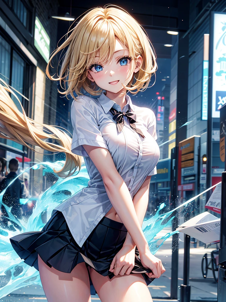 Anime style, super fine illustration, highly detailed, beautiful detailed, super pale tone image, happy expression, Lively expression, super pretty image, 8k, pretty 1girl with blonde straight short hair & blue eyes & a bright smile & full bust & soft fair skin is wearing big white business shirt not to show her skin & black tight skirt & 1business bag, on the business building morning street, in the morning, brilliant particles of lights, happy stories, solo, perfect 10 fingers, perfect arms, perfect legs, masterpiece.