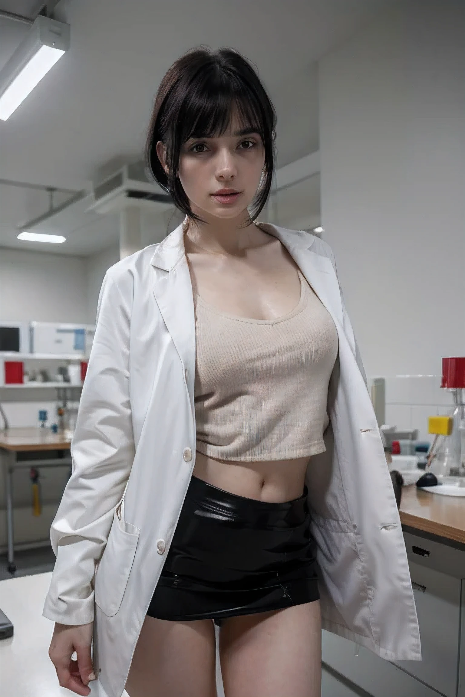 a beautiful woman, sensual look, pale skin, skinny body, ASİAN, black hair with bangs, dark circles, cientist, wearing a white lab coat, red blouse and short skirt, in a research laboratory, Cold Weathery, close view, 8k, hyperdetailed, photo real, natural lighting, natural pose, photorealistic, real person