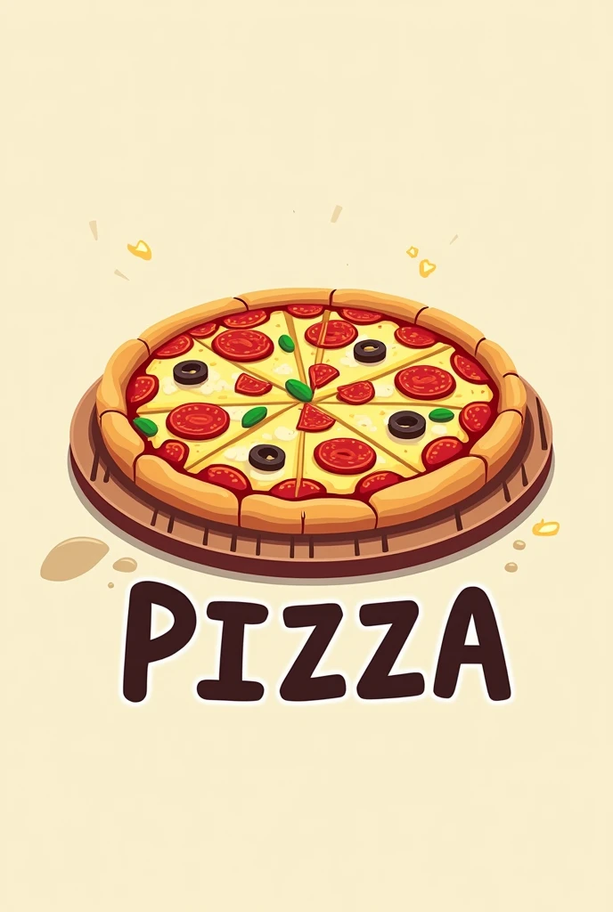 A cartoon drawing of a whole pizza on top of a board with the name pizza on it