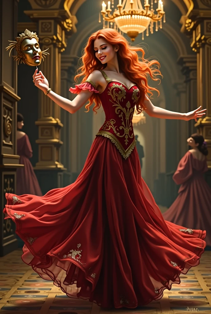 Create me a redheaded woman, with glasses, Elegant clothing, dancing happily with a mask of a man in his hands