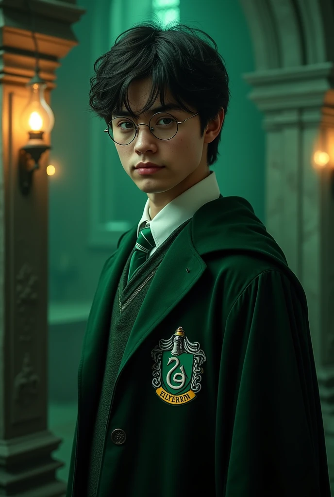 Harry Potter without his glasses and in the Slytherin uniform