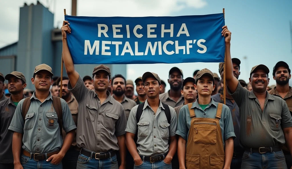 A high-definition Canon DSLR photo of a large group of Brazilian metalworkers, men and women, standing united in front of a modern factory. Their skin and uniforms are marked with dirt, and they hold a large blue banner with white text that reads "Campanha Salarial 2024" in Portuguese. The image captures the diversity of the group, with sharp details highlighting the dirt on their faces and the clear contrast of the banner against the backdrop, symbolizing their collective determination.