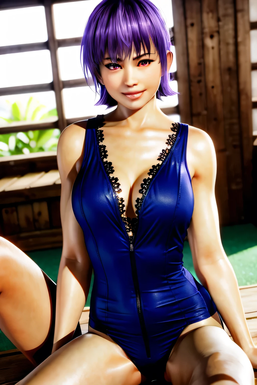 short hair,ayane,So cute and beautiful,Red eyes,Purple Hair,(Very detailed美しい顔),(smile),blush, Sitting on a wooden gym training mat,(Spread your legs:1.12),Cowboy Shot,((Bob Hair:1.2)),View your viewers, (Highest quality,masterpiece:1.0),Absurd,High resolution,Very detailed,Very detailed,32K,8k resolution, Intricate details,Movie Scenes,Detailed Background,alone,Dynamic Angle, Realistic,

