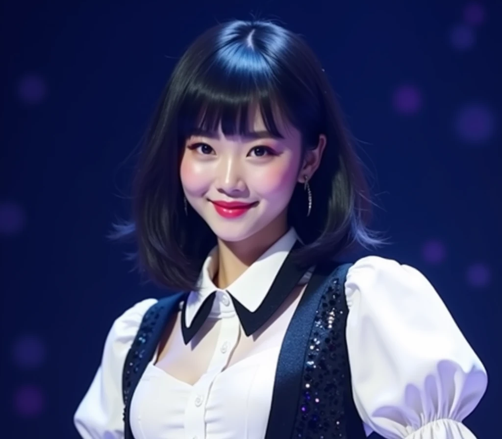 Create a scene featuring a 1 Korean woman with a youthful appearance. She has straight black hair that reaches her shoulders, with a blunt fringe that covers her forehead. Her skin is fair, and she has a softly rounded face with delicate features. Her eyes are large and dark, with thin, well-defined eyebrows, and she has a gentle smile on her lips. She is dressed like a popstar, wearing stylish and glamorous clothing that highlights her vibrant and energetic personality.
