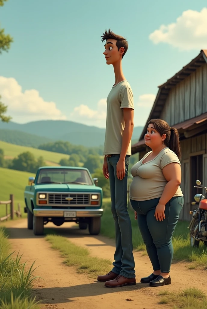 A tall, thin man next to a chubby woman on a farm and a pick-up and a motorcycle
