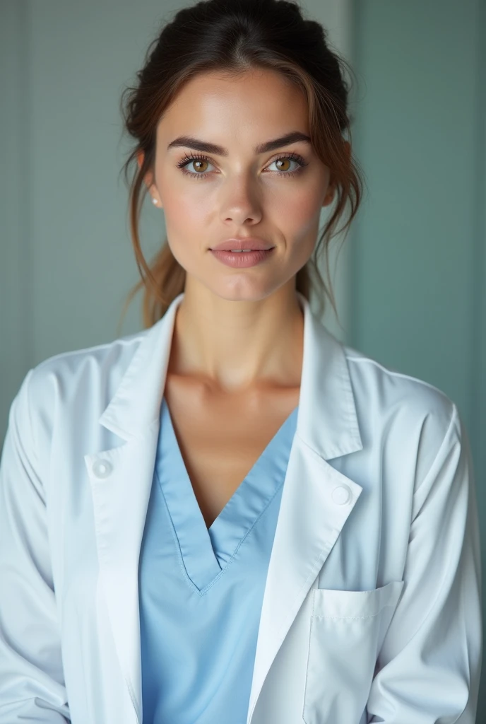 Une infirmière, de face,  de 30 ans, brune, cheveux attachés,  yeux marrons, en blouse blanche mais ses seins poussent la blouse pour être bien visible