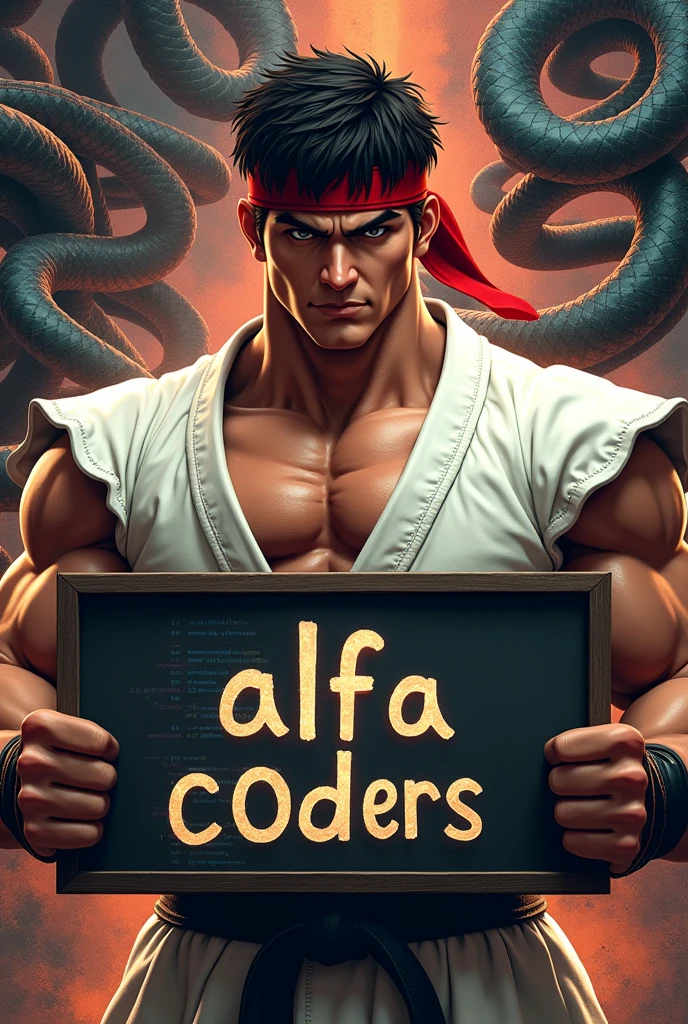 a detailed portrait of Ryu Street Fighter holding a sign that says "Alfa C0ders" with a background of Python and JavaScript programming themes, highly detailed, photorealistic, cinematic lighting, dramatic composition, digital art