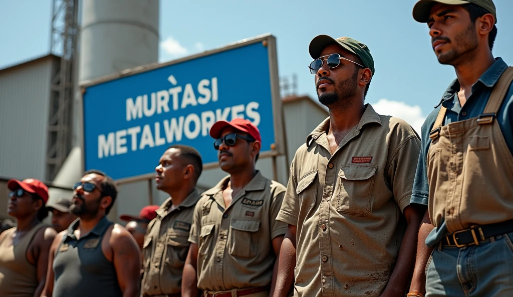 A detailed Canon DSLR photograph of Brazilian metalworkers, both men and women, standing strong in front of a modern factory. Their uniforms and skin are visibly dirty, with patches of dust and grime on their faces and clothing. They hold a banner reading "Campanha Salarial 2024" in Portuguese. The image is sharp, capturing the grit and determination in their eyes, with the dirt adding to the realism of the scene.