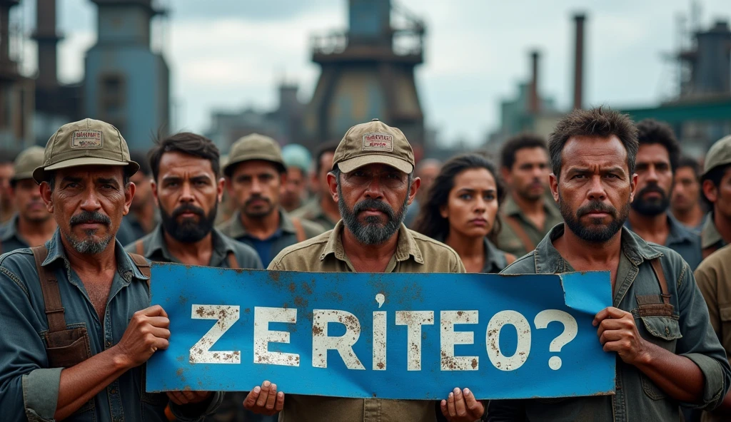 A detailed Canon DSLR photograph of a larger assembly of Brazilian metalworkers, both men and women, standing resolutely before a modern factory. Their skin and clothing are dirty, with grime clearly visible. They hold a wide blue banner with "Campanha Salarial 2024" written in white text. The photo's clarity emphasizes the strength in numbers, capturing the dirt-streaked faces and the sharp contrast of the white text on the blue banner.