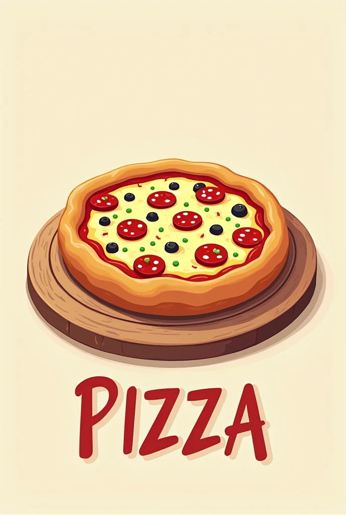 A cartoon drawing of a whole pizza on top of a board with the name pizza on it