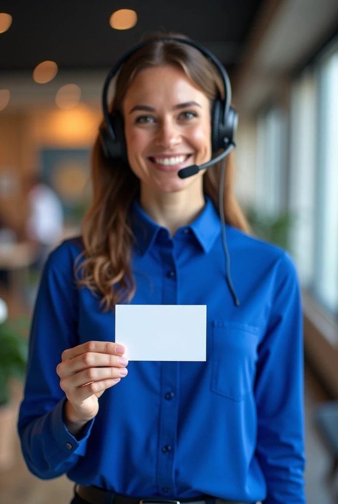 A sales consultant showing his work card, He is also wearing his headband headphones and microphone and a royal blue shirt..