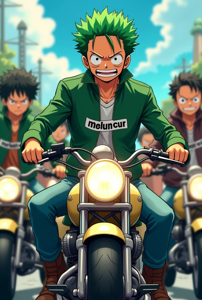 Anime one piece zoro riding a mini moped , Zoro brings 100 of his members on a motorbike , they all wear green motorcycle jackets , on the jacket there is the word MELUNCUR on the front of the Adidas brand jacket, wearing long jeans, and wear motorcycle boots, all members are excited to travel
