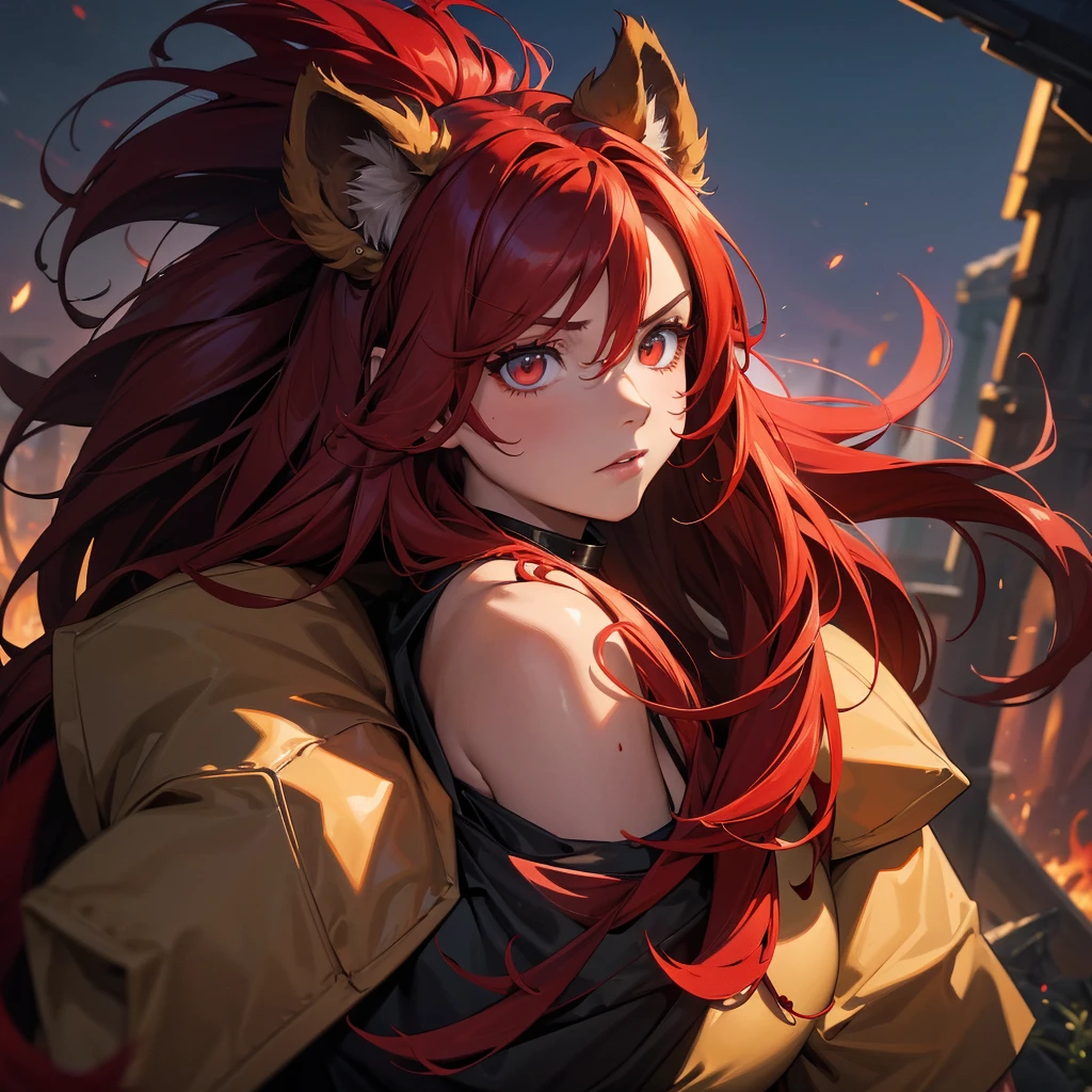 (masterpiece), best quality, expressive eyes, perfect face, aries, werebeast, hot, protector, solider, female, red hair,, guard, anime, beastial, anime, headshot, no human ears, fire, hairy bearded, warrior, massive lion mane, long and massive hair, sharp nails, red cat eyes, male and female lover werebeasts
