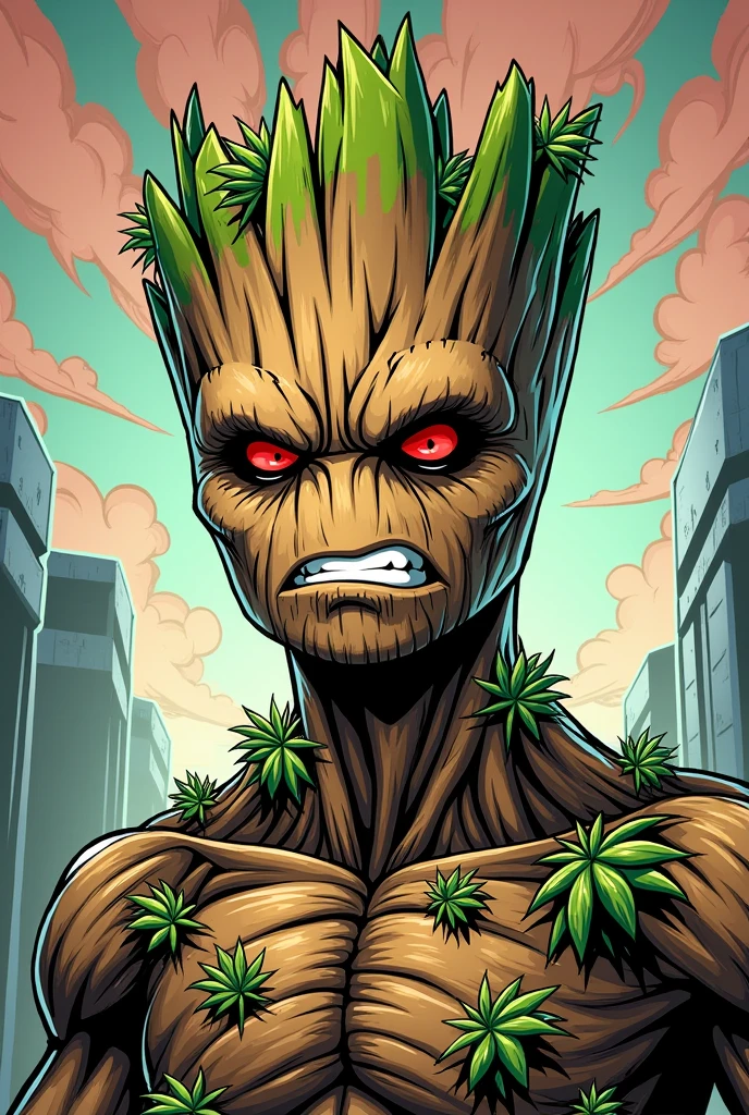 groot pissed off with little cannabis plants growing on him comic book style