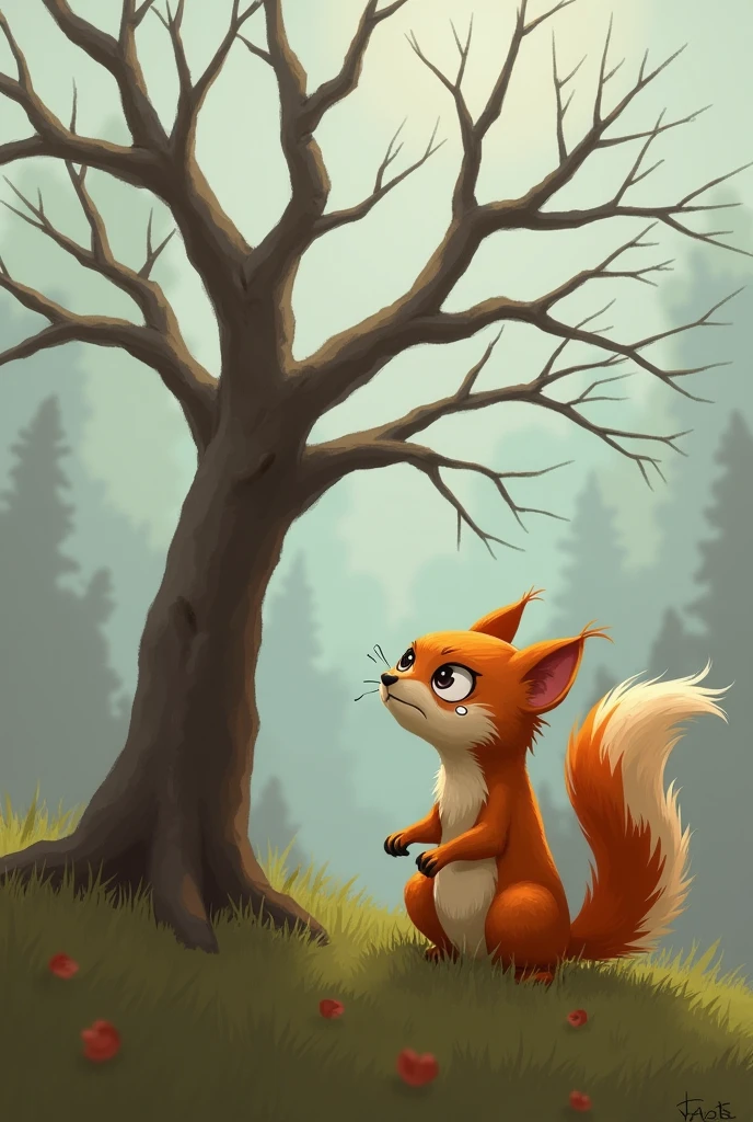 An orange male squirrel shedding tears while looking at a leafless tree standing on the grass