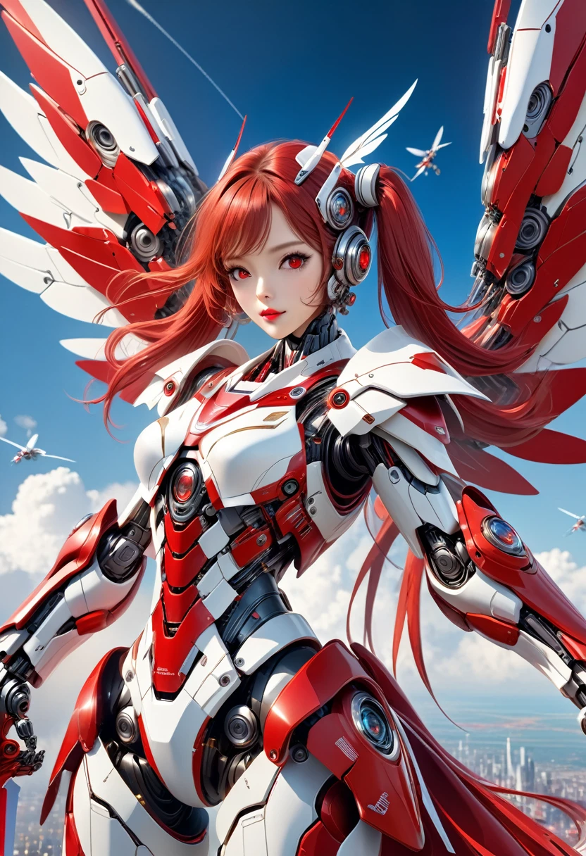 Ultra HD 3dCG concept art, A girl wearing robot armor holds a long sword and flies dynamically through the sky.1girl robot girl with long red hair in twin tails,Red and white mechanical barrette, Very detailed red eyes, Beautiful lips, Breathtakingly beautiful detailed skin,Red and white wearing flashy robotic armor, The stylish depiction and realism of the robot armor, the detailed depiction of the robot armor's mechanisms, the gloss and texture of the surface,(holding a long red and white sword:1.6). Accurate depiction of the hand holding the sword,The highly detailed patterns and shapes of the sword, the glow of the sword blade and the red beam emission effect from the blade,flying through a blue sky、(Dynamically flying through the sky:1.3)、Full-body view,High quality, high precision images,(masterpiece, best quality, 4k, 8k.:1.5). Ultra detail, ultra fine painting, 3D rendering, cinematic lighting, vivid color, professional photo resolution, award winning、Android