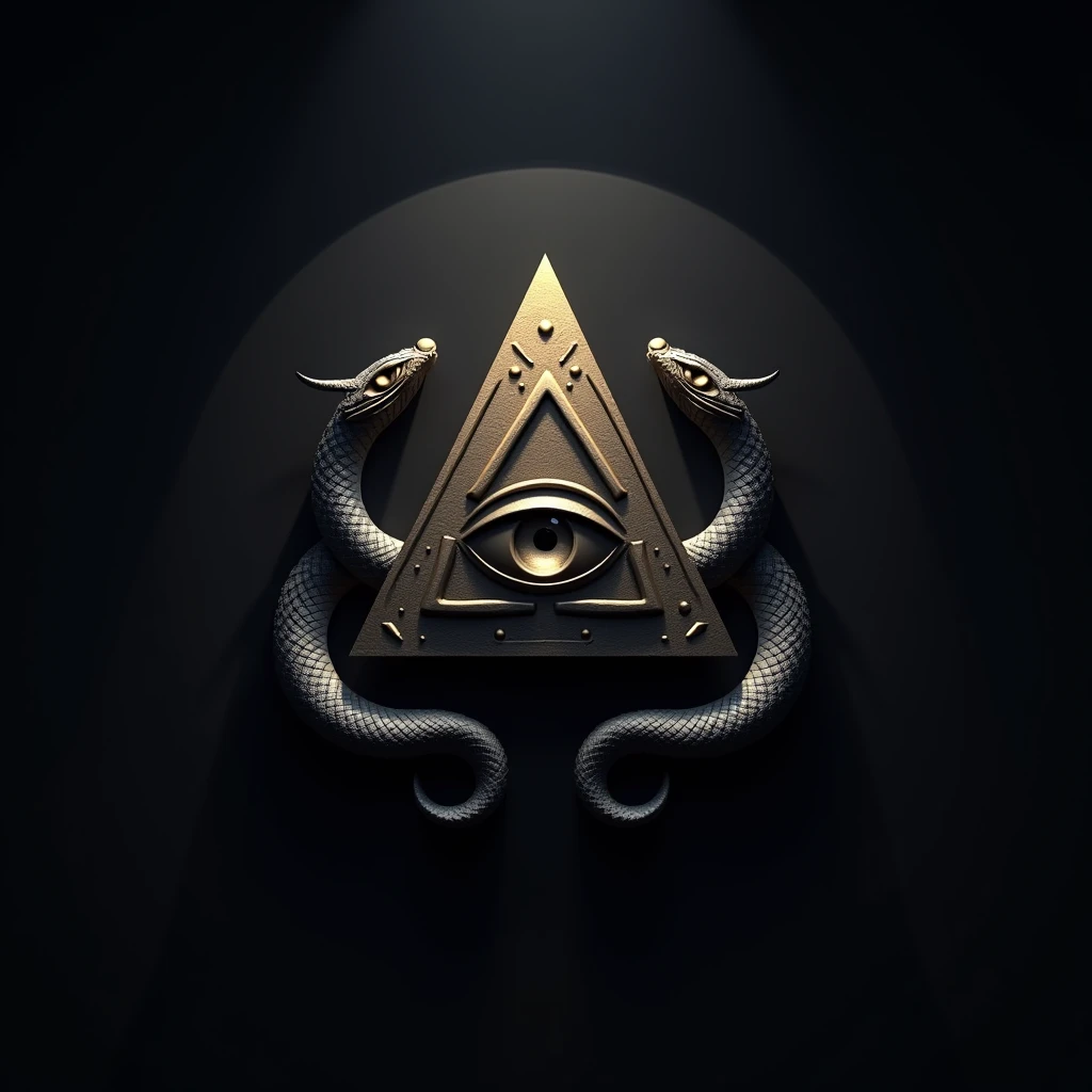 Create for me a 3D logo where there is a pyramid with an eye in its center, A snake is coiled around