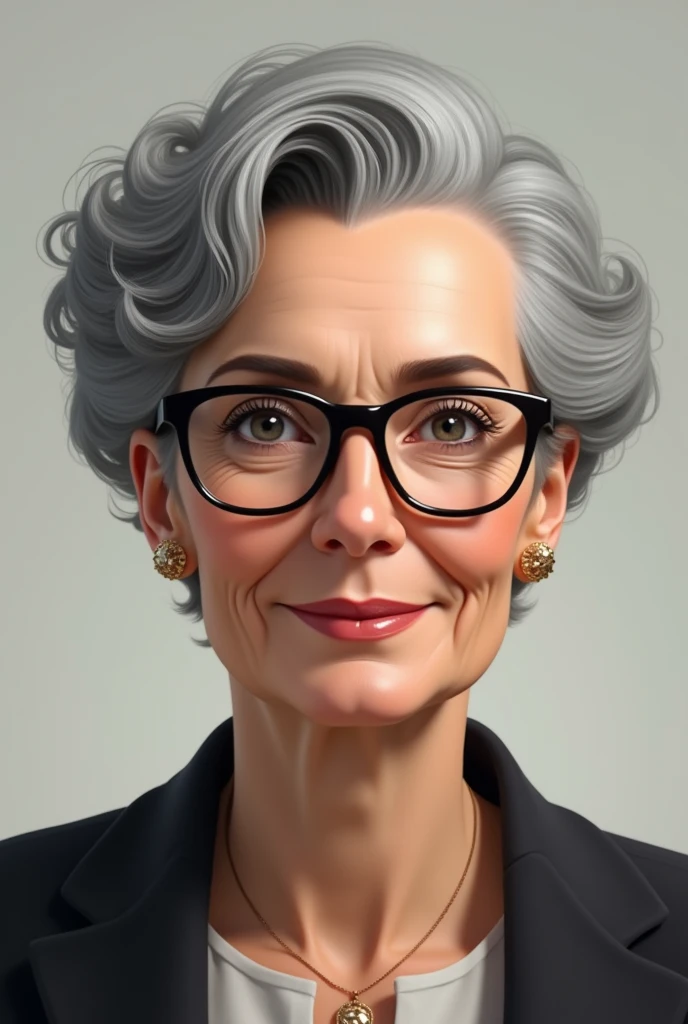 I want this woman to be older, have shorter, curlier hair, wear glasses