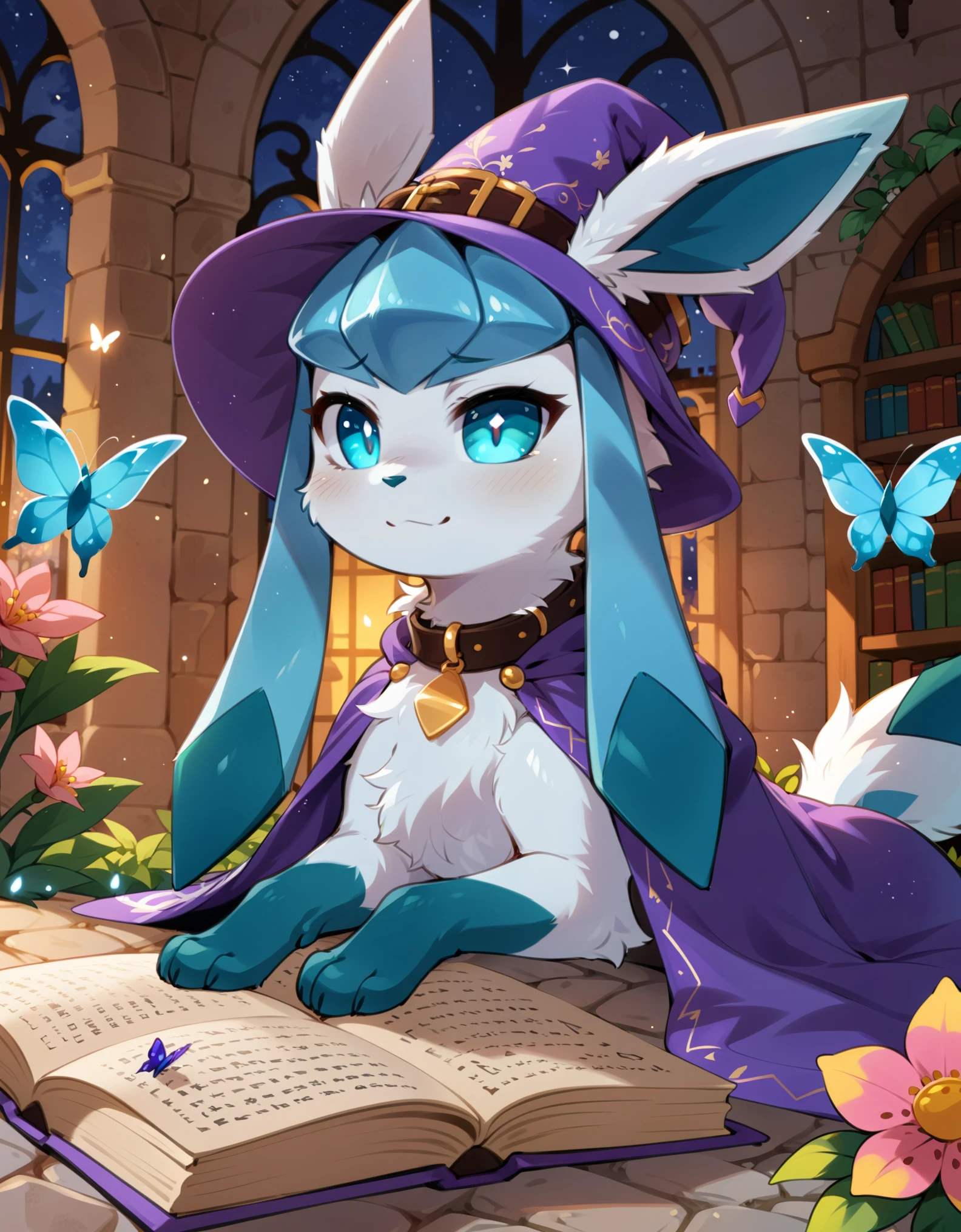 quadruped feral glaceon, excessive fluff, wizard hat, high collar cloak, lying on front, glowing eyes, BREAK, [by Cotora, by Aoizuri:realistic, photorealism:0.85], detailed background, detailed foreground, depth of field, ambient silhouette, backlighting, inside, night, ambient butterfly, flower, castle, book, plant, waterfall