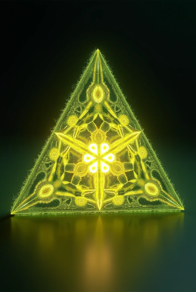 Detailed view of triangle shaped object on dark background. The design includes triangular elements with a soft, with a golden-green glow, reminiscent of illuminated blades of grass, forming a perfectly symmetrical pattern. This computer generated image highlights the natural, organic feel with precise lighting, creating a central triangular formation, which demonstrates the golden fractal Sierpinski, harmoniously combined with the texture of the grass.