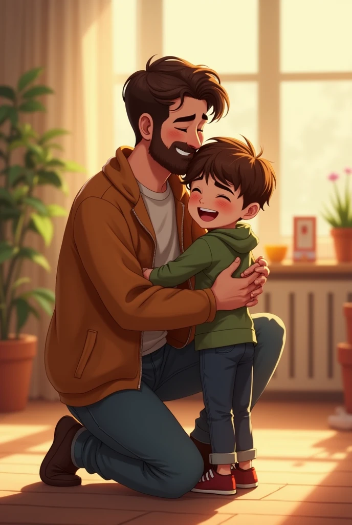 "Create an emotional scene where a father and his young son are embracing each other warmly. The father, dressed in casual clothes, is kneeling down with his arms wrapped around his son, who is about 5-. The son is hugging his father back with a big smile on his face, both of them clearly sharing a deep bond of love and affection. The background is a soft, warm setting, possibly in a cozy living room or a sunlit park, with light filtering through, emphasizing the tenderness of the moment. The atmosphere should feel intimate and heartwarming."





