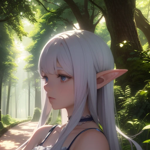 a beautiful elf with long silvery white hair pigtails, delicate facial features, pale skin, wearing an elegant white dress, standing in a magical forest with glowing trees and mushrooms, sunlight filtering through the leaves, (best quality,4k,8k,highres,masterpiece:1.2),ultra-detailed,(realistic,photorealistic,photo-realistic:1.37),fantasy,digital art,concept art,cinematic lighting,vibrant colors,intricate details, face focus 