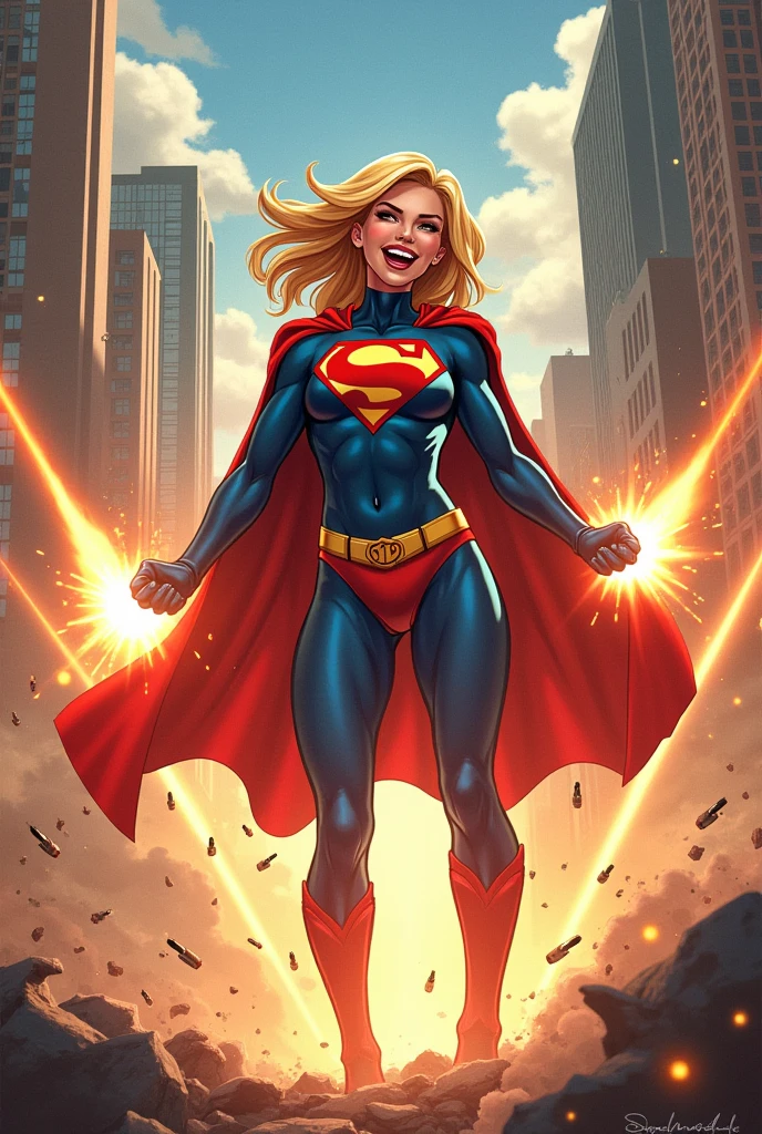 Powergirl receives many missile blasts touching her invulnerable body laughing 