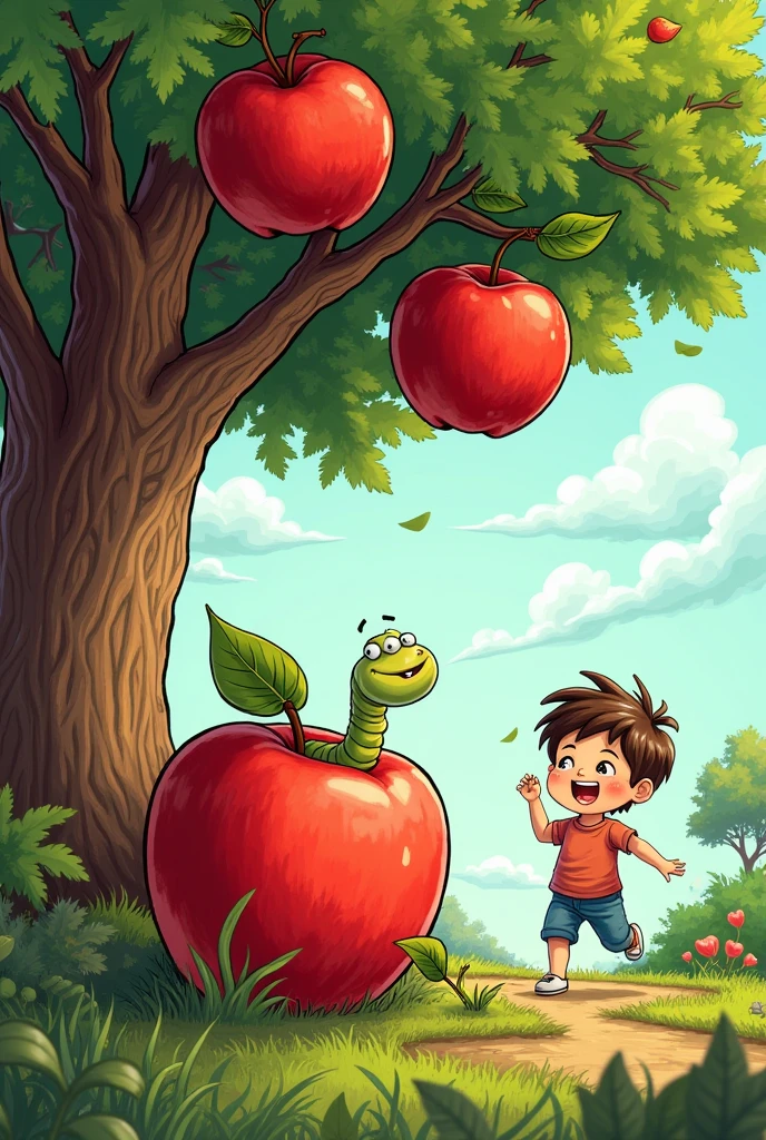 A worm in a small apple on the tree while a child plays outdoors comic book style
