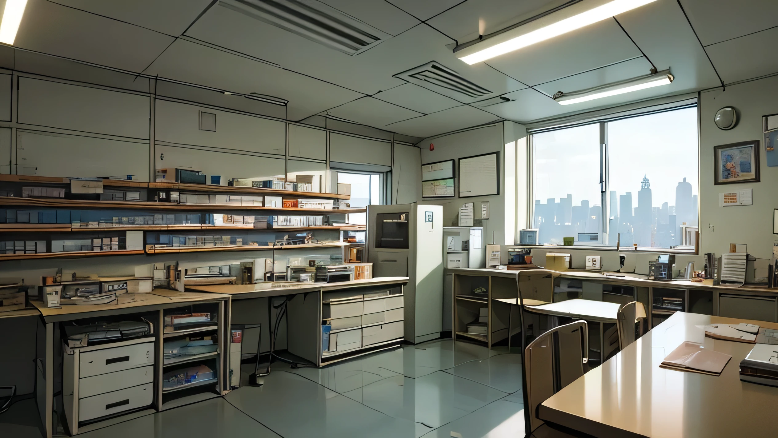 Create a highly detailed image of a forensic laboratory located on the second floor of a modern building. The lab is equipped with various investigation tools and equipment, including microscopes, computers, chemical analysis stations, and evidence storage cabinets. The countertops are cluttered with forensic tools, vials, and documents related to ongoing investigations. In the center of the room, there is a large examination table with a few samples laid out under bright, focused lights. The walls are lined with shelves containing labeled evidence bags and reference books. One side of the room features a large window that offers a view of the outside, where you can see the tops of nearby trees and a hint of the city skyline in the distance. The room is well-lit with natural light streaming through the window, creating a professional and organized atmosphere, perfect for detailed forensic work.