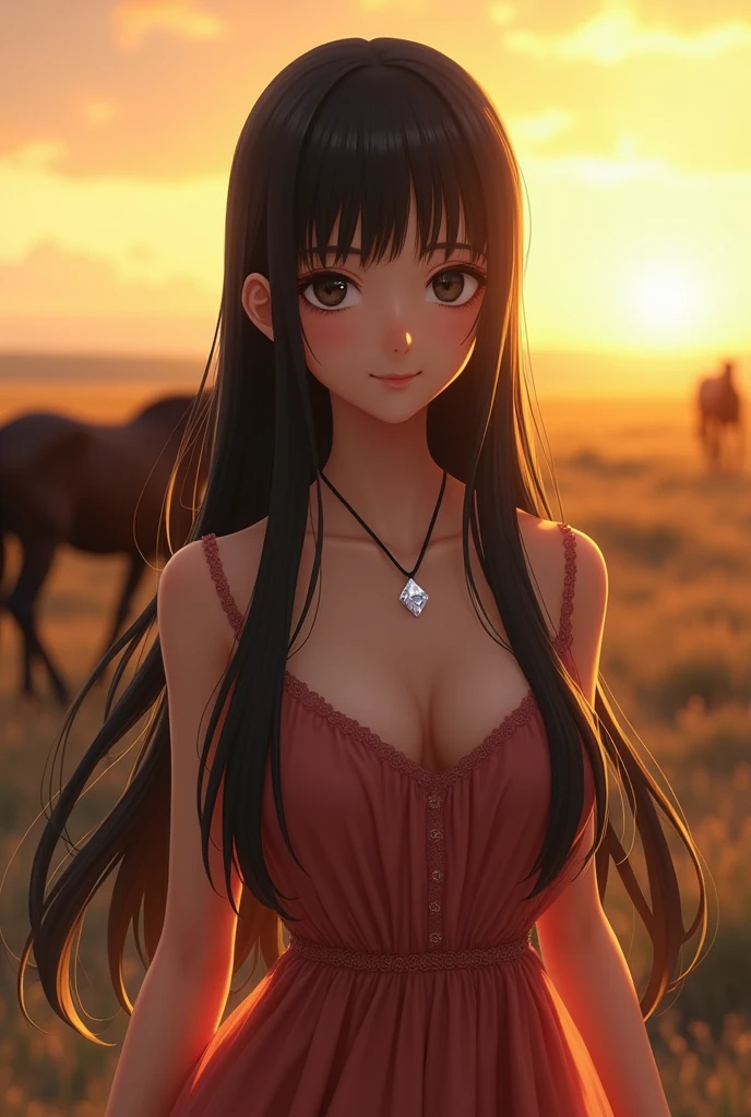 (RAW photo:1.2), (photorealistic:1.4),(masterpiece:1.3),(best quality:1.4), dreamlike, (detailed eyes),(detailed facial features), (detailed clothes features), skin tight, (shiny skin),(slender girl),(slim girl), 1girl,solo, cute, innocent, smlie, VirtualGirl-Aim, (medium breasts), bangs, straight hair, long hair, black hair, black eyes, crystal pendant, long dress, (floating hair:1.6), (ranch), (horses from far), (sunset), (golden hour:1.6), (backlight:1.2), (natural sunlight from back:1.4)