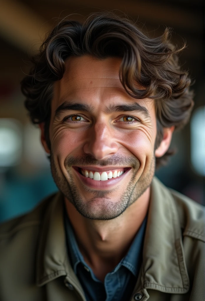 Breathtaking cinematic photo of a 30 year old man with Brown hair and brown eyes, Happy, happy expression, closed mouth, Nice lips, Intricate detailing, shallow depth of field, muito detalhado, Hohes Budget, epic Hollywood film, beautiful, ​masterpiece, award-winning, Specialist, muito detalhado, detailed skin structure, (Blush: 0.5), (Goose flesh: 0.5). (the most Nice man in the world) (Brown hair) (short  curly hair, Wild hair, stylish cut) significant face, slim nose, Nice, very Nice, perfect face, sslim body (sslim), (Brown hair) (brown eyes ) (White skin) Nice body, West wall, predatory eyes, western niceness, Nice, perfect, ((best quality)), ((Ultra resolution)), ((photorealestic: 1.4)), (Intricate detailing), perfect face, the picture: 1.5 , clear face, Facial Details. front view ((Outdoor gear, business outfit, dinner outfit))