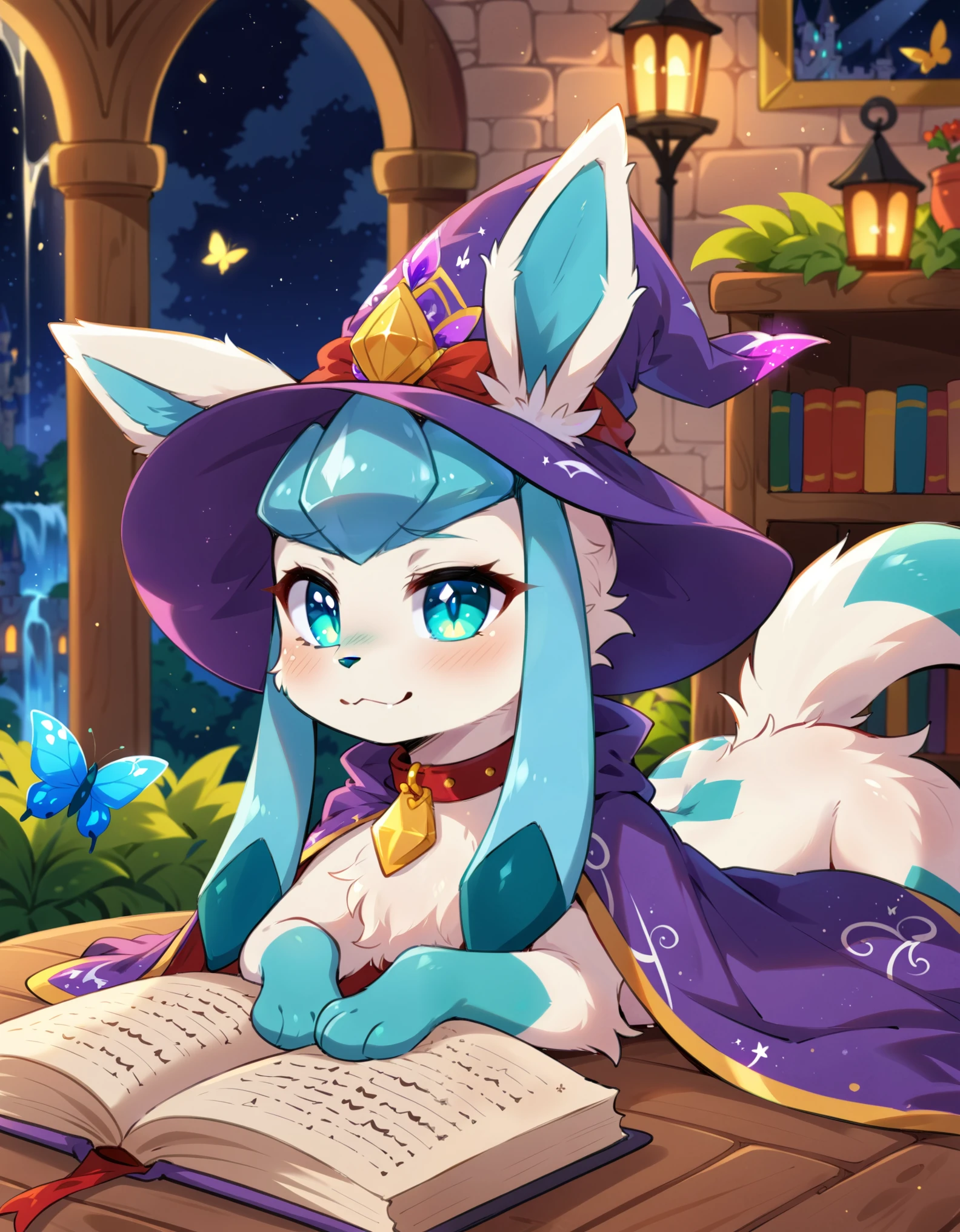 quadruped feral glaceon, excessive fluff, wizard hat, high collar cloak, lying on front, glowing eyes, BREAK, [by Cotora, by Aoizuri:realistic, photorealism:0.85], detailed background, detailed foreground, depth of field, ambient silhouette, backlighting, inside, night, ambient butterfly, flower, castle, book, plant, waterfall