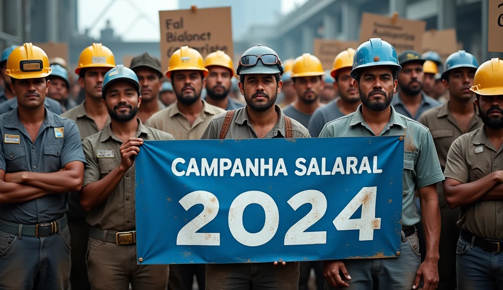 A high-definition Canon DSLR photo of a large group of Brazilian metalworkers, men and women, standing united in front of a modern factory. Their skin and uniforms are marked with dirt, and they hold a large blue banner with white text that reads "Campanha Salarial 2024" in Portuguese. In the background, more workers hold various banners and posters, adding depth and energy to the scene. The sharp image captures the determination on their dirt-streaked faces and the dynamic atmosphere of their collective struggle.
