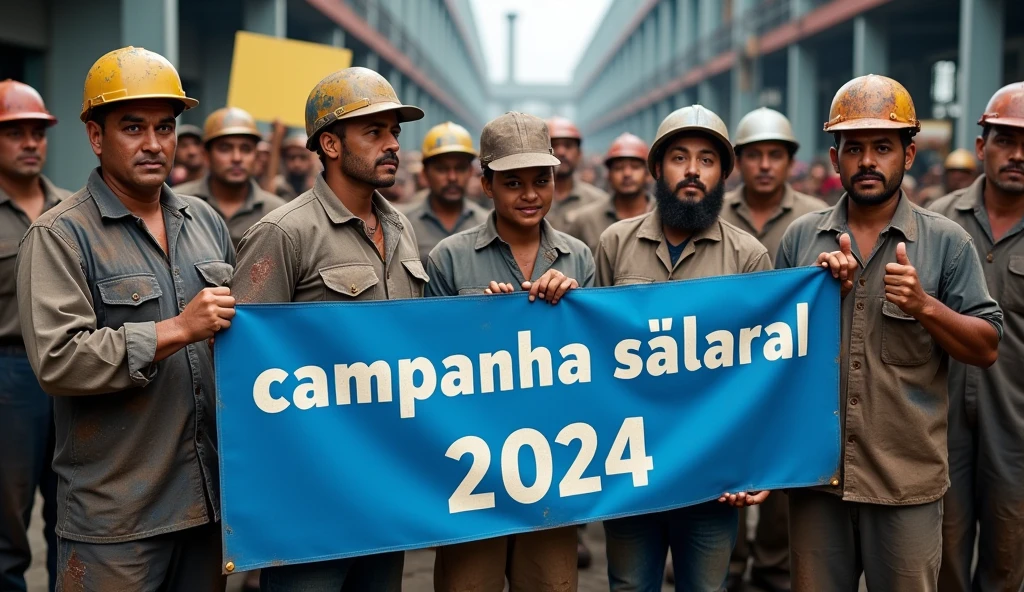 A high-definition Canon DSLR photo of a large group of Brazilian metalworkers, men and women, standing united in front of a modern factory. Their skin and uniforms are marked with dirt, and they hold a large blue banner with white text that reads "Campanha Salarial 2024" in Portuguese. In the background, more workers hold various banners and posters, adding depth and energy to the scene. The sharp image captures the determination on their dirt-streaked faces and the dynamic atmosphere of their collective struggle.
