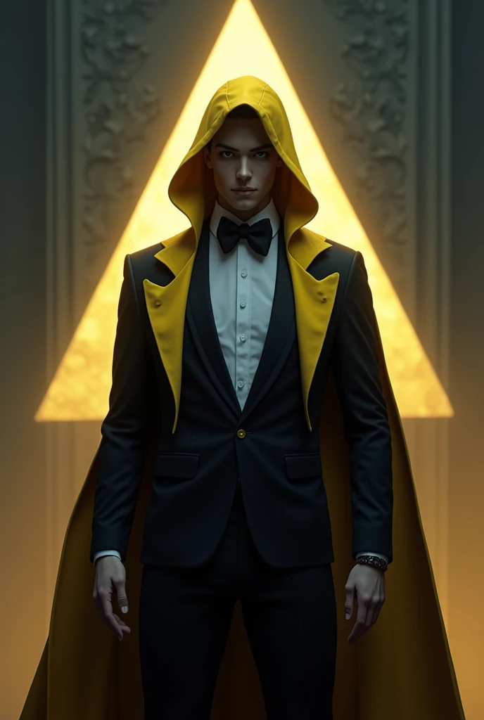 portrait of a character of Bill from gravity falls fused with sans from underverse, with black tuxedo with yellow and black hood, standing, in the background the illuminated triangle, hyperrealistic, 8k, masterpiece