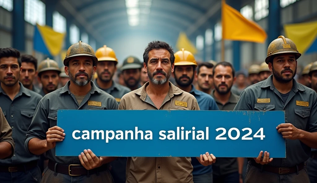 A detailed Canon DSLR photograph of a large crowd of Brazilian metalworkers, both men and women, standing resolutely before a modern factory. Their skin and clothing are dirty, with grime visible on their faces and uniforms. They hold a prominent blue banner with "Campanha Salarial 2024" written in white text. In the background, more workers can be seen holding colorful banners and posters, adding to the sense of unity and determination. The photo’s clarity emphasizes the strength in numbers, capturing every detail of the workers and their protest.

