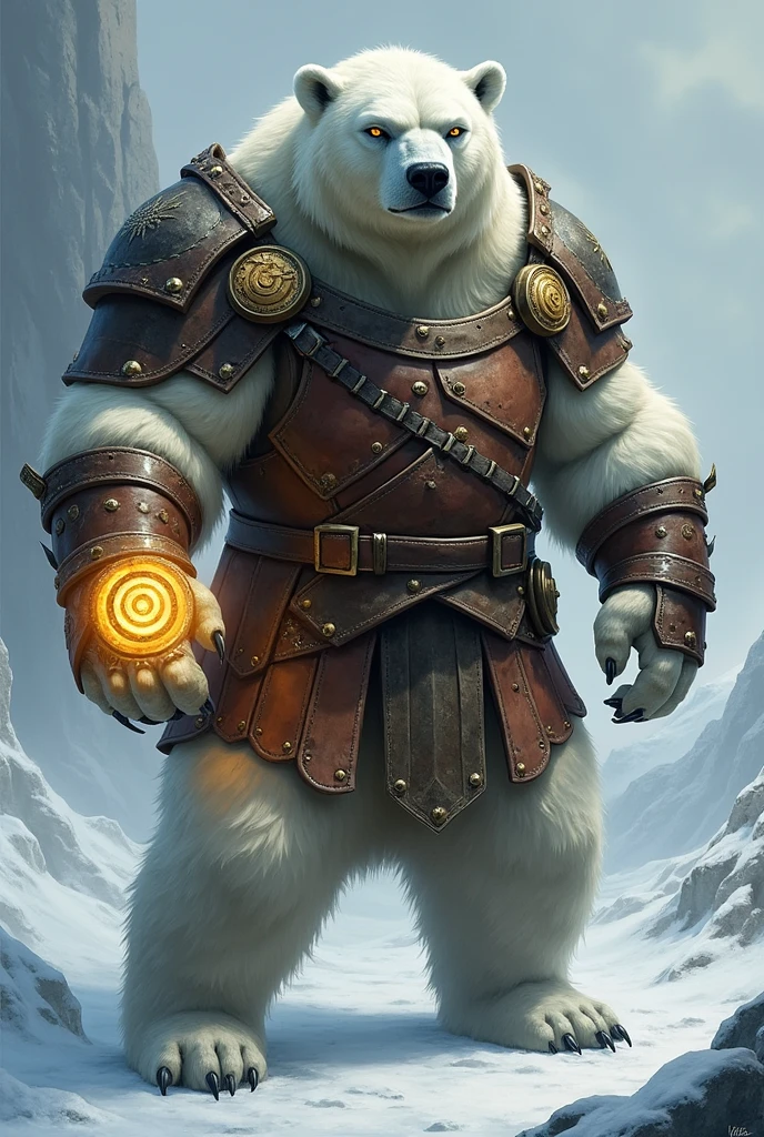 Polar bear wearing leather armor with few metals, has a magic circle marked on its left paw Make the expression on its face more serious Make the bear look older
