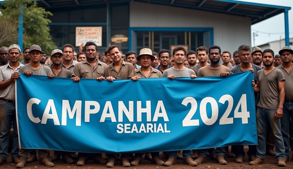 A crisp Canon DSLR photo of a large group of Brazilian metalworkers, men and women, standing together in front of a modern factory. Their skin and clothing are smudged with dirt, and they hold a sizable blue banner with "Campanha Salarial 2024" in bold white text. Behind them, other workers are visible, holding up various banners and posters, adding layers of intensity to the scene. The high-quality image captures the mass of determined faces, with the dirt and the banners vividly displayed.
