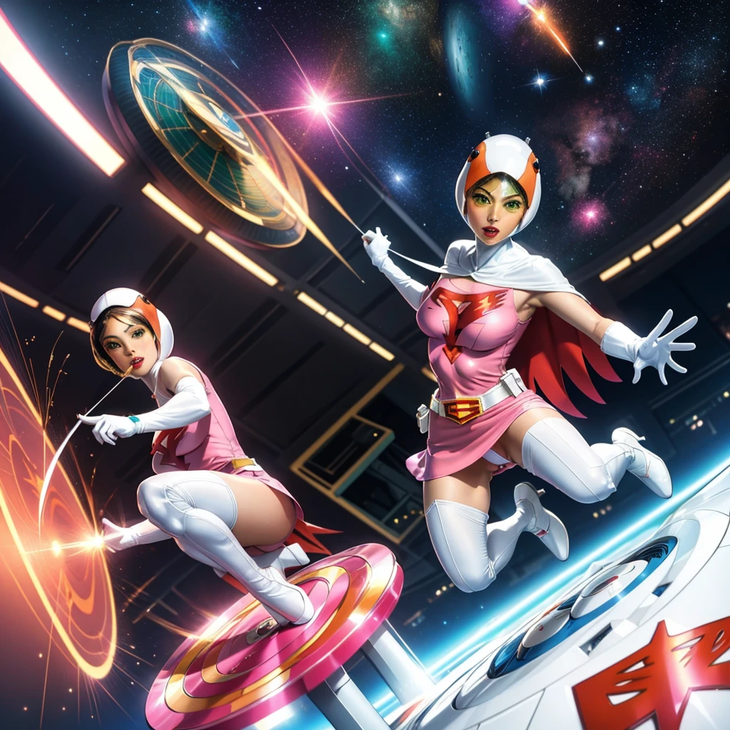 ANI_CLASSIC_jun_gatchaman_ownwaifu,1girl, ,good anatomy, masterpiece, best quality,realistic, hyperrealistic, 16k hdr,breasts,green eyes,lips,large breasts,lipstick,makeup,gloves,cape,helmet,belt,elbow gloves,white gloves,mask,ultra miniskirt,leotard,spacesuit,white tight overknee highheels boots,pink dress,superhero,bodysuit,cleavage,erected nipples,((jumping poses)),cameltoe