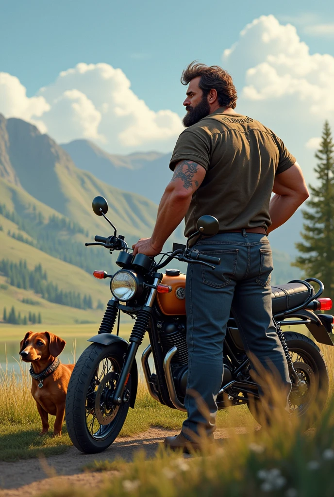 Me, a burly guy, and my furry dachshund looking at the horizon and nature with my motorcycle on the side