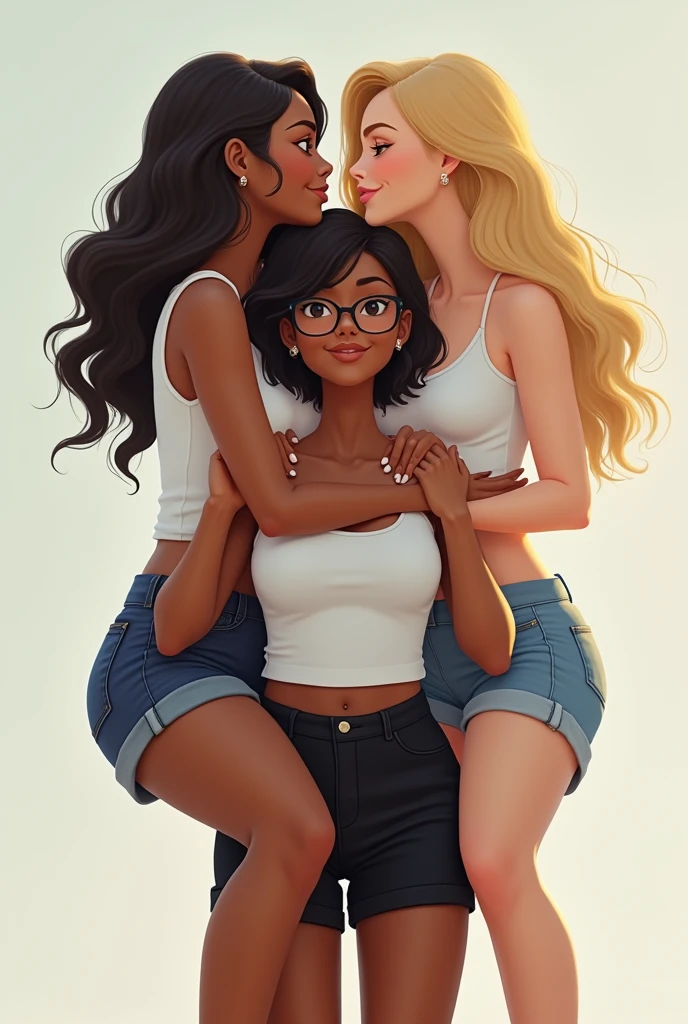 Create an image of a real 2 young woman, with light white skin, blonde hair long, slim and curvy body wearing a white top and short denim shorts being carried on the shoulders of a 1 real young woman, very thin, black and dark skinned, with short hair, wearing prescription glasses, wearing a white shirt and a black skirt