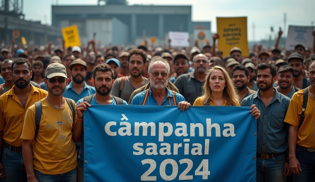 A vivid Canon DSLR photograph of a large crowd of Brazilian metalworkers, both men and women, standing united before a modern factory. Their skin and uniforms are visibly dirty, and they hold an extensive blue banner with "Campanha Salarial 2024" in white text. In the background, additional workers hold various banners and posters, creating a powerful, energetic atmosphere. The sharpness of the photo highlights the dirt on their faces and the collective spirit of the protest.