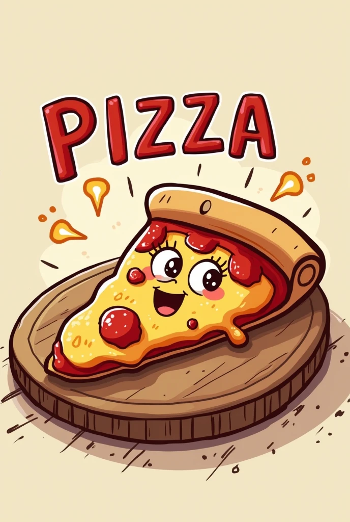 A cartoon drawing of a slice of pizza on top of a board with the name pizza on it 