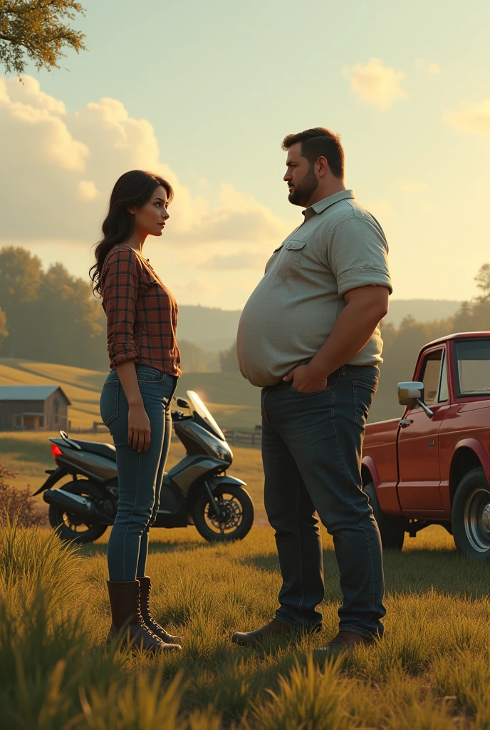 A thin man next to a chubby woman on a farm and a red truck and a black motorcycle