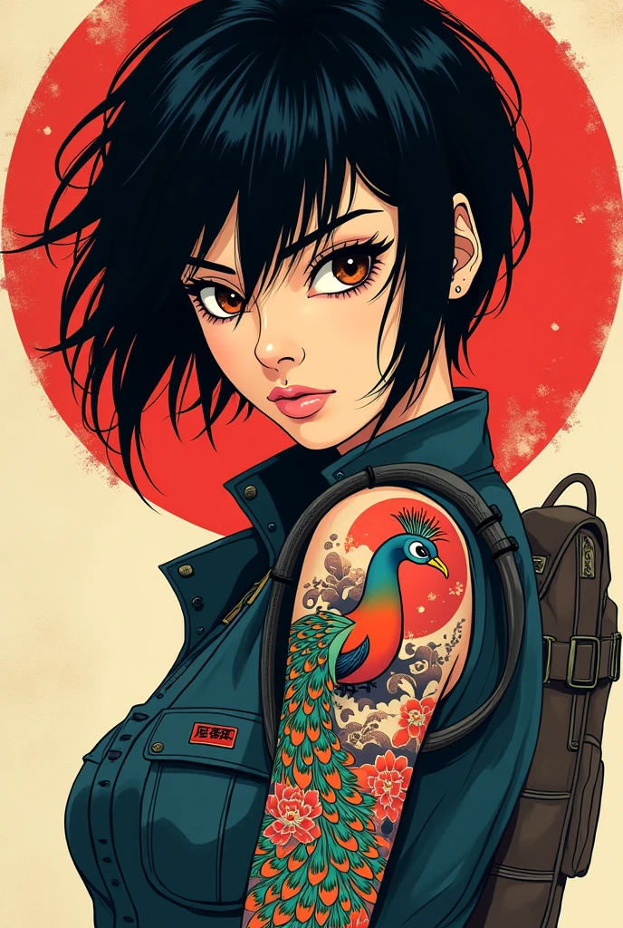 raven hair, short and rebellious, Framing a porcelain face. dark brown eyes, Almond-shaped and deep, under thick eyebrows that accentuate his intense gaze. A prominent nose and a mole near the mouth complete her exotic features.. A Japanese peacock tattoo, in neotraditional style, unfolds on his arm, contrasting with the rigidity of his pilot uniform. Her figure is slim and stylized., suggesting an agility that contrasts 90s pop art comic