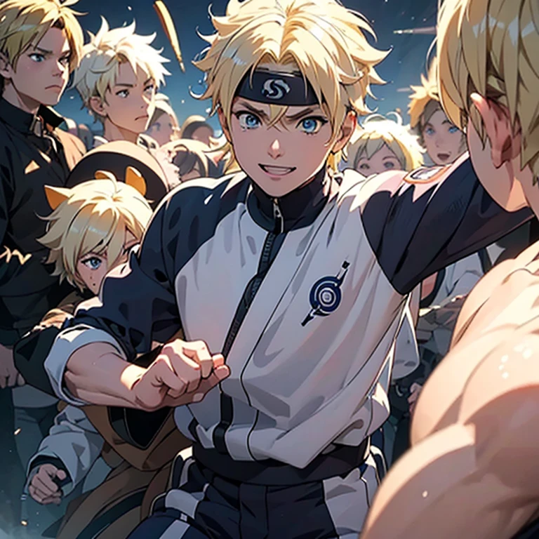 masterpiece， The best quality at the best， 1 chico， Menma Namikaze，Alone,  Vestimenta Dogi de Jiu-jitsu, smile，with blonde hair， Short spiky hair， （Celestial Eyeballs:1.4)， forehead protection，light blue clothing，jiu-jitsuka